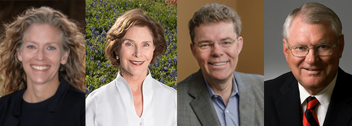 Headshots of Joni Carswell, Laura Bush, Steve Hennigan, and David Schmidly