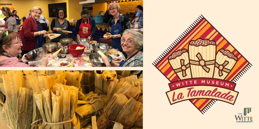 women smiling and making tamales with La Tamalada written on top of a serape.