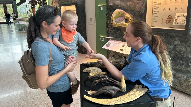 mother holds baby while talking to a Witte educator holding artifacts.