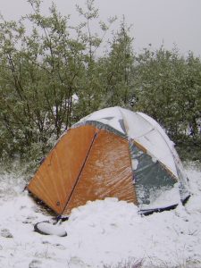 tent set up in the snow